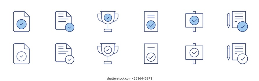 Approval icon set in two styles, Duotone and Thin Line style. Editable stroke. approval, approved, accepted, approve, trophy.