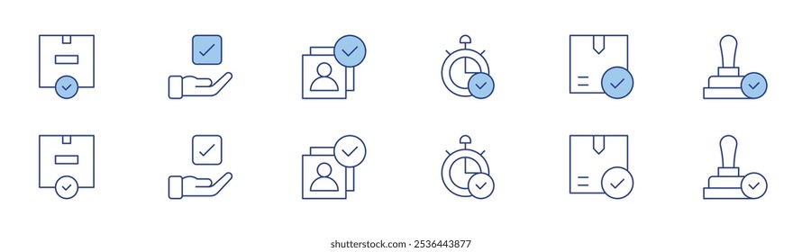 Ícone de aprovação definido em dois estilos, Duotônico e Linha fina. Curso editável. aprovado, tempo, cheque, cliente, controle de qualidade, carimbo.