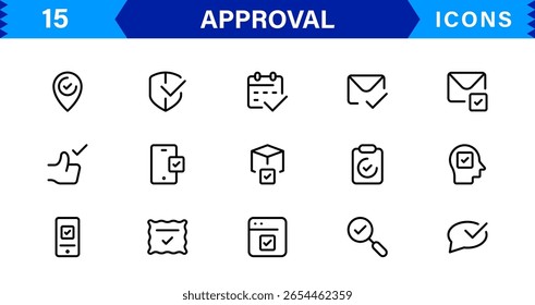 Approval Icons Collection – High-Quality Vector Line Illustrations for Verified, Certified, Success, and Accepted Concepts