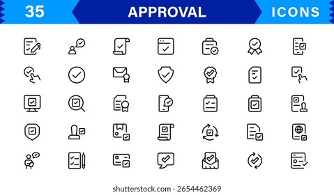 Colección de iconos de Aprobación: Ilustraciones de línea de Vector de alta calidad para conceptos verificados, certificados, exitosos y aceptados