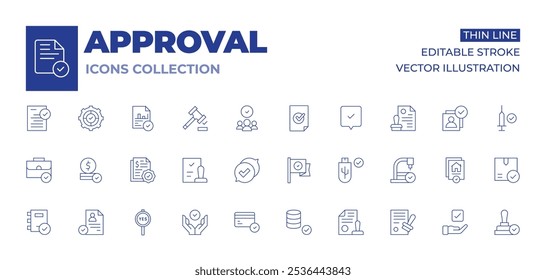 colección de iconos de Aprobación. Iconos de línea fina, movimiento editable. maletín, política corporativa, tarjeta de crédito, Comentarios, Aprobación, aprobado, de acuerdo, aprobar, unidad USB, cv, base de datos, financiero, bandera.