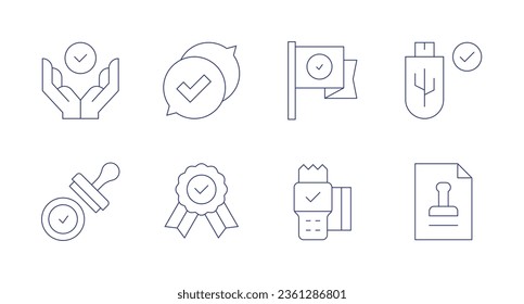 Iconos de aprobación. trazo editable. Conteniendo comentarios, medalla, aprobada, estampado, unidad usb, bandera, terminal pos.