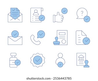 Ícones de aprovação. Linha Duotone estilo, curso editável. melhor prática, escolher, documento, aprovação, aprovar, aprovado, hipoteca, qualidade, pergunta, chamada de serviço, bancário.