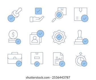 Approval icons. Line Duotone style, editable stroke. approved, time, validation, check, customer, quality control, stamp, briefcase, financial.