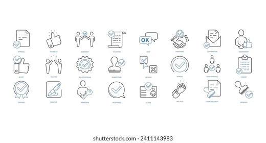 Conjunto de iconos de aprobación. Conjunto de iconos de trazo editables.Conjunto de vectores de aprobación