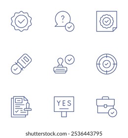 Conjunto de iconos de Aprobación. Estilo de línea delgada, trazo editable. calidad, pregunta, sello, etiqueta engomada, maleta, objetivo, validez, sí.