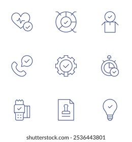 Approval icons set. Thin Line style, editable stroke. improve, aproval, approved, pie chart, pos terminal, service call, settings, time.