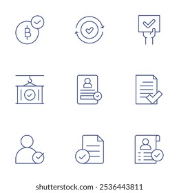 Approval icons set. Thin Line style, editable stroke. bitcoin accepted, container, employee, activism, approve, approved, check, cv, file.