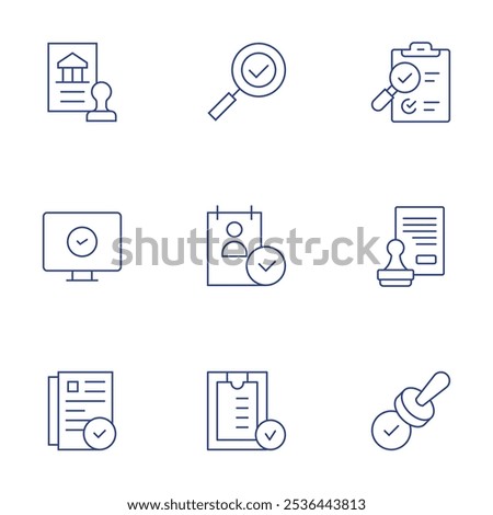 Approval icons set. Thin Line style, editable stroke. check, cv, sign, banking, checking, document, quality control, stamp, validation.