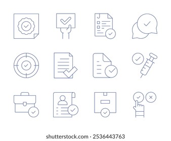 Approval icons. Thin Line style, editable stroke. mortgage, approval, approve, approved, activism, sticker, suitcase, target.