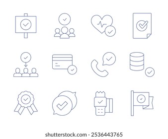 Iconos de Aprobación. Estilo de línea delgada, trazo editable. candidata, tarjeta de crédito, Comentarios, mejorar, medalla, aprobado, comprobación, base de datos, bandera, terminal pos, seleccionar, llamada de servicio.