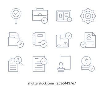 Approval icons. Thin Line style, editable stroke. briefcase, corporate policy, exam, id card, job search, approved, check, cv, financial, result, stamp.