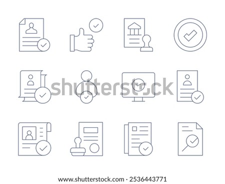 Approval icons. Thin Line style, editable stroke. best practice, choose, document, check, cv, file, banking, checking, approval, approve, approved.