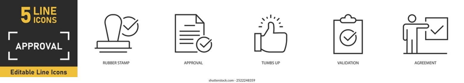 Conjunto de iconos de línea de Aprobación. Conjunto de 5 iconos de contorno relacionados con sello de goma, Aprobación, tumbs up, validación, Acuerdo y más. Ilustración vectorial.