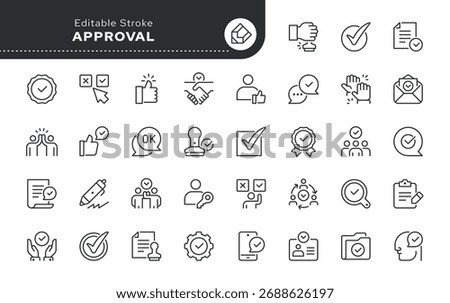 Approval line icon set.  Approved, check mark, ok, acceptance, okay, agreement, certified, license, handshake, stamp and more. Outline icon in linear style. Vector collection.	
