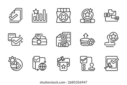 Conjunto de iconos de línea de Aprobación. Contiene valor, estrella, pulgar hacia arriba, premium, revisión, tasa, premio, mejor, Acuerdo, control de calidad, certificado, marca de verificación, conjunto de iconos de línea de logro. Ui paquete de iconos de línea delgada.