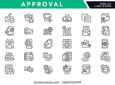 Conjunto de iconos de línea de Aprobación. Contiene valor, estrella, pulgar hacia arriba, premium, revisión, tasa, premio, mejor, Acuerdo, control de calidad, certificado, marca de verificación, conjunto de iconos de línea de logro. Ui paquete de iconos de línea delgada.