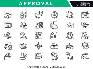 Conjunto de iconos de línea de Aprobación. Contiene valor, estrella, pulgar hacia arriba, premium, revisión, tasa, premio, mejor, Acuerdo, control de calidad, certificado, marca de verificación, conjunto de iconos de línea de logro. Ui paquete de iconos de línea delgada.