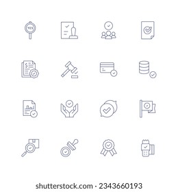 Approval line icon set on transparent background with editable stroke. Containing agree, approval, candidate, checking, approve, credit card, database, approved, feedback, flag, stamp, medal.