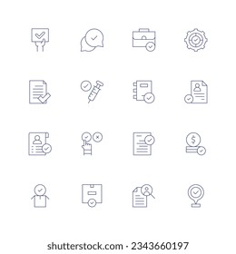Icono de línea de aprobación establecido en fondo transparente con trazo editable. Conteniendo activismo, aprobación, maletín, revisión, aprobación, política corporativa, cv, aprobado, examen, financiero, búsqueda de empleo.