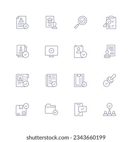 Icono de línea de aprobación establecido en fondo transparente con trazo editable. Con aprobación, banca, cheque, control de calidad, aprobación, comprobación, cv, sello, aprobado, documento, firma, validación, carpeta.