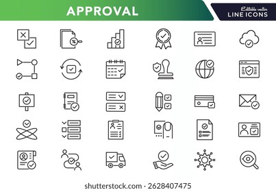 Approval line icon set. Quality Control, business audit, agreement, check, certified, permission, tick, yes, checklist, finance, accept, correct, agree, outline vector icon. UI thin outline icon pack