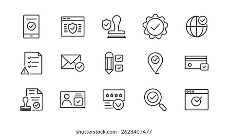 Conjunto de iconos de línea de Aprobación. Control de calidad, auditoría de negocios, Acuerdo, verificación, certificado, permiso, tick, sí, lista de verificación, finanzas, aceptar, corregir, aceptar, delinear el ícono de Vector. Paquete de iconos de contorno delgado de interfaz de usuario