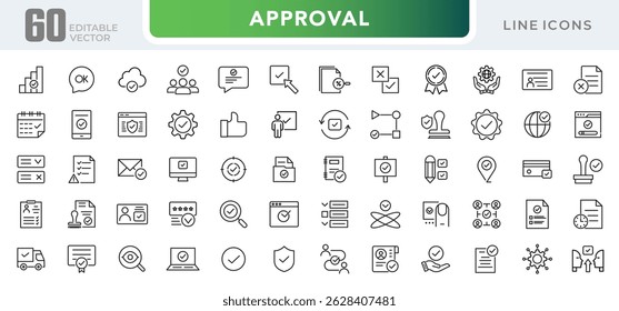 Conjunto de ícones de aprovação. Controle de qualidade, auditoria de negócios, acordo, verificação, certificado, permissão, tique, sim, lista de verificação, finanças, aceitar, correto, concordar, ícone de vetor de contorno. Pacote de ícones de estrutura de tópicos fina de interface do usuário