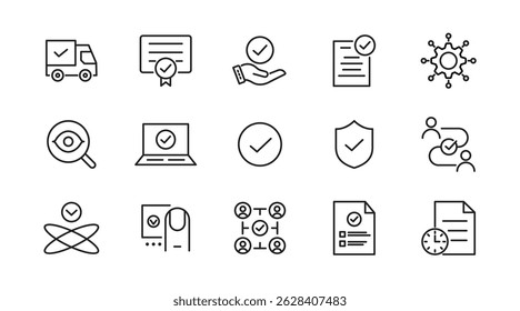 Approval line icon set. Quality Control, business audit, agreement, check, certified, permission, tick, yes, checklist, finance, accept, correct, agree, outline vector icon. UI thin outline icon pack