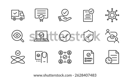 Approval line icon set. Quality Control, business audit, agreement, check, certified, permission, tick, yes, checklist, finance, accept, correct, agree, outline vector icon. UI thin outline icon pack