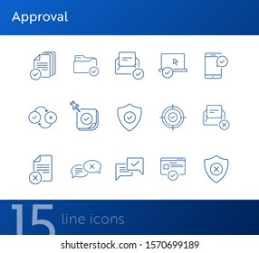 Approval line icons. Set of line icons. Letter with checkmark, approved documents. Checkmark concept. Vector illustration can be used for topics like work, business