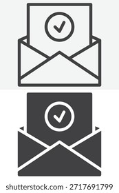 Conjunto de iconos de estilo diferente de sobre de correo de Aprobación. Línea, contorno y símbolo de Vector sólido con trazo editable. Icono de correo para confirmación, notificación e icono de entrevista.