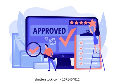 Approval mark. Product advantage. Rating and reviews. Meeting requirements. High quality sign, quality control sign, quality assurance sign concept. Pink coral blue vector isolated illustration