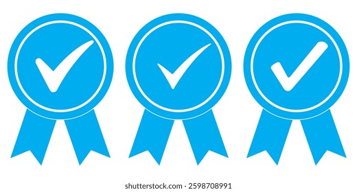 Approval medal vector icon set. Symbol collection of approved, certified, qualified, the best, check mark and number one. Vector sign set of badge, rosette and emblem in black flat design style