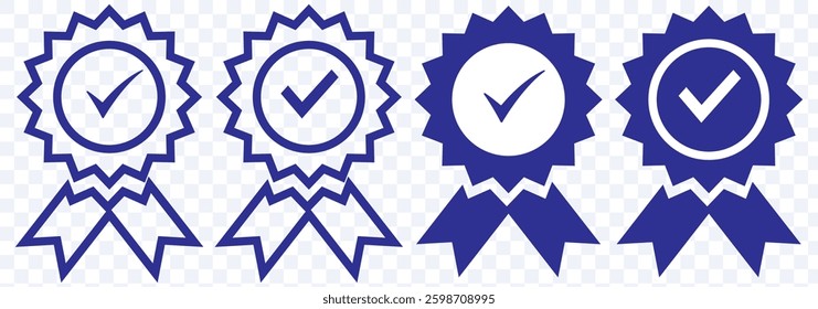 Approval medal vector icon set. Symbol collection of approved, certified, qualified, the best, check mark and number one. Vector sign set of badge, rosette and emblem in black flat design style