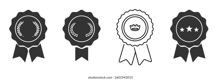 Approval medal vector icon set. Symbol collection of approved, certified, qualified, the best, check mark and number one. Vector sign set of badge, rosette and emblem in black flat design style.	