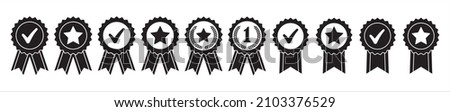 Approval medal vector icon set. Symbol collection of approved, certified, qualified, the best, check mark and number one. Vector sign set of badge, rosette and emblem in black flat design style Foto stock © 