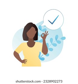 Approval of order, operation, transaction, payment. Vector woman showing positive hand gesture class, super, okay, confirms business success. Tiny happy girl and purchase in online store, shop.