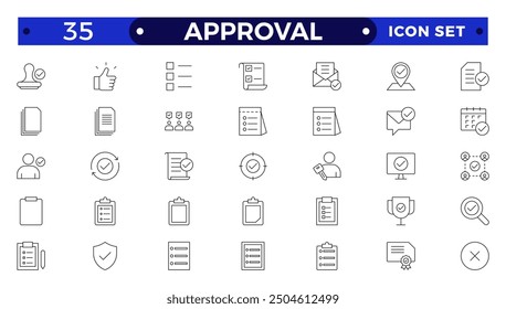 Approval Outline icons set. Check mark, certified, validation, agreement, thumps up, settings, shield icons and more signs. Flat icon collection.
