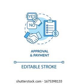 Approval and payment, design process step concept icon. Delivering final files idea thin line illustration. Order finishing. Vector isolated outline RGB color drawing. Editable stroke