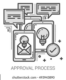 Approval Process Infographic Metaphor With Line Icons. Project Approval Process Concept For Website And Infographics. Vector Line Art Icon Isolated On White Background.