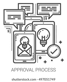 Approval process infographic metaphor with line icons. project approval process concept for website and infographics. Vector line art icon isolated on white background.