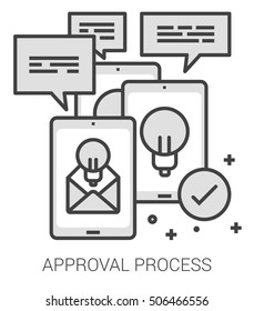 Approval Process Infographic Metaphor With Line Icons. Project Approval Process Concept For Website And Infographics. Vector Line Art Icon Isolated On White Background.