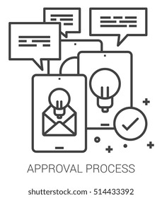 Approval process infographic metaphor with line icons. project approval process concept for website and infographics. Vector line art icon isolated on white background.