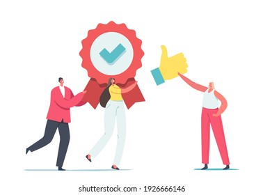 Approval, Quality Level Improvement Concept. Tiny Male and Female Characters Carry Huge Seal Stamp with Award Ribbon and Green Tick with Thumb Up, Like Satisfaction. Cartoon People Vector Illustration