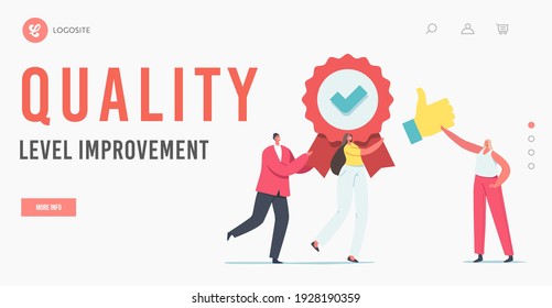 Approval, Quality Level Improvement Landing Page Template. Tiny Characters Carry Huge Seal Stamp with Award Ribbon and Green Tick with Thumb Up, Like Satisfaction. Cartoon People Vector Illustration