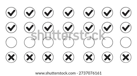 Approval and rejection signs, check mark icons, cross mark, blank circle, yes or no voting, correct incorrect answer