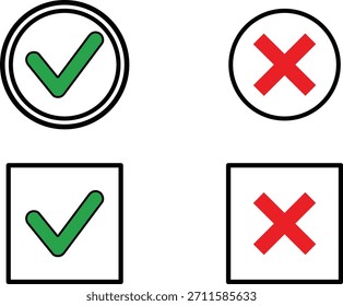 Zulassungs- und Ablehnungszeichen in Kreis- und Vierkantrahmen, flaches Vektordesign.
