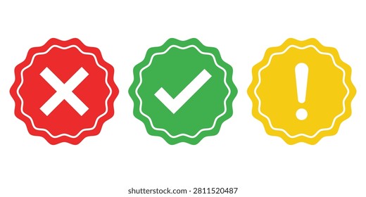 Approval rejection and warning badge icons with validation symbols illustration flat vector isolated on white background quality control verification interface concept for business applications