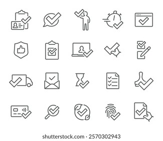 Approval and Security Icons. Editable vector set- ID check, stopwatch, shield, handshake, document signing, global verification. Perfect for digital security and logistics.